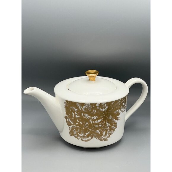 Nicole Miller Home Teapot Gold on White Contemporary Floral Design High Tea - Picture 11 of 11
